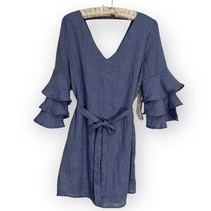 NEW Olivaceous Mini Dress Blue Ruffle Tiered Bell Sleeve Boho Flowy Gauze Sz S